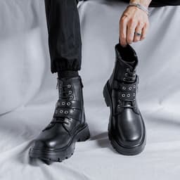 image-Round Head High Top Medium Thick Bottom Men's Middle Heel Side Zipper Martin Boots