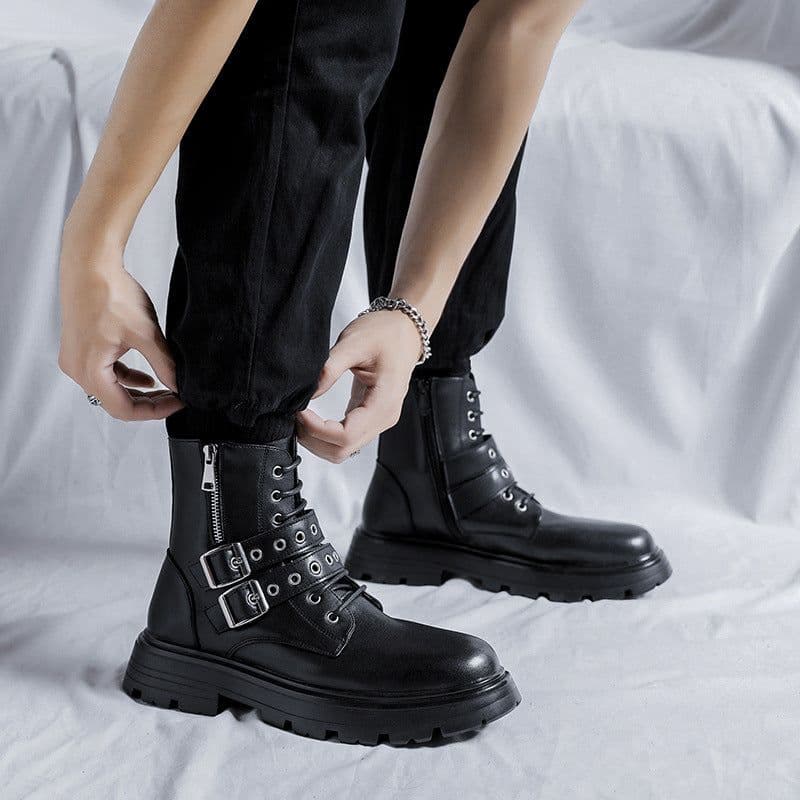 image-Round Head High Top Medium Thick Bottom Men's Middle Heel Side Zipper Martin Boots