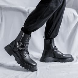 image-Round Head High Top Medium Thick Bottom Men's Middle Heel Side Zipper Martin Boots