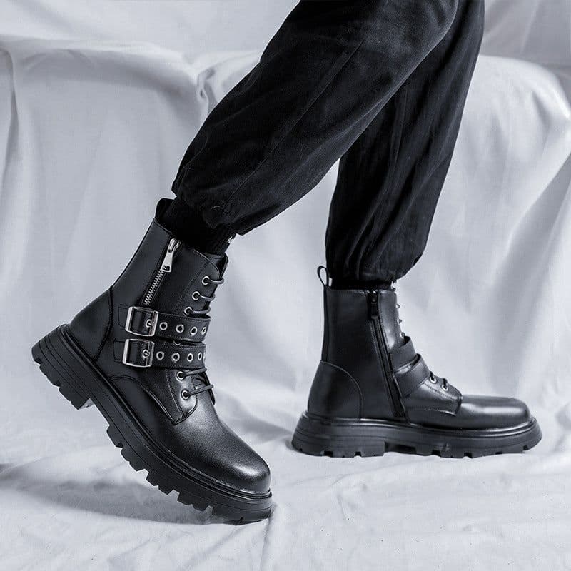 image-Round Head High Top Medium Thick Bottom Men's Middle Heel Side Zipper Martin Boots