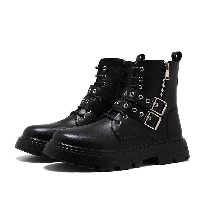 image-Round Head High Top Medium Thick Bottom Men's Middle Heel Side Zipper Martin Boots