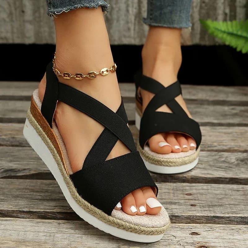 image-Wedge Sandals For Women Cross-strap Platform Gladiator Hemp Heel Shoes Summer