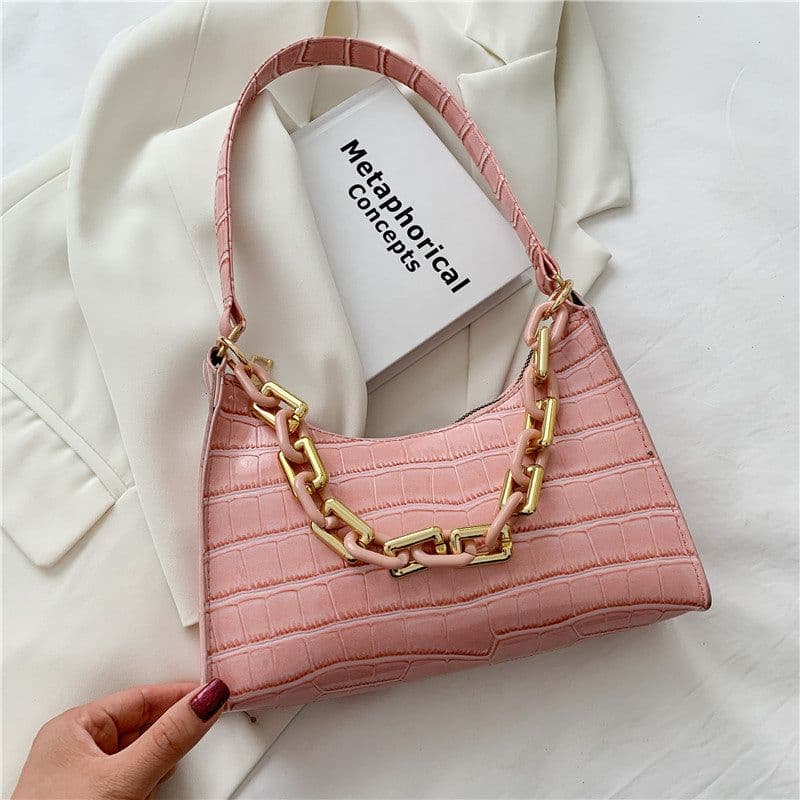 image-Fashion Stone Texture Shoulder Bag With Chain Women's Underarm Bag