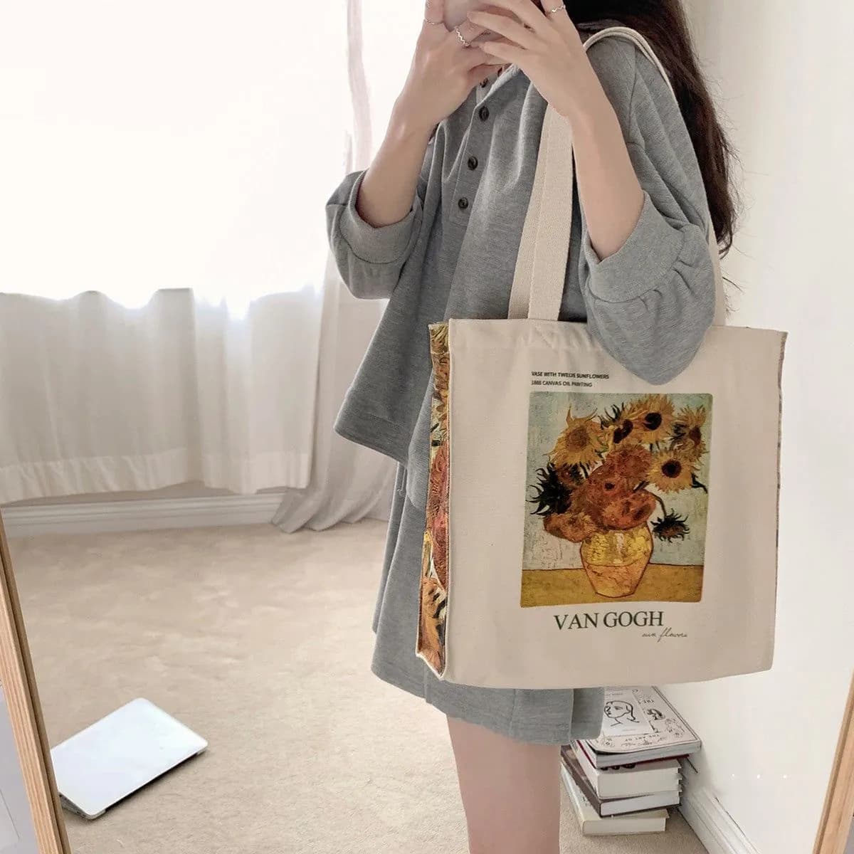 image-Van Gogh Sunflower Oil Painting Zipper Canvas Bag