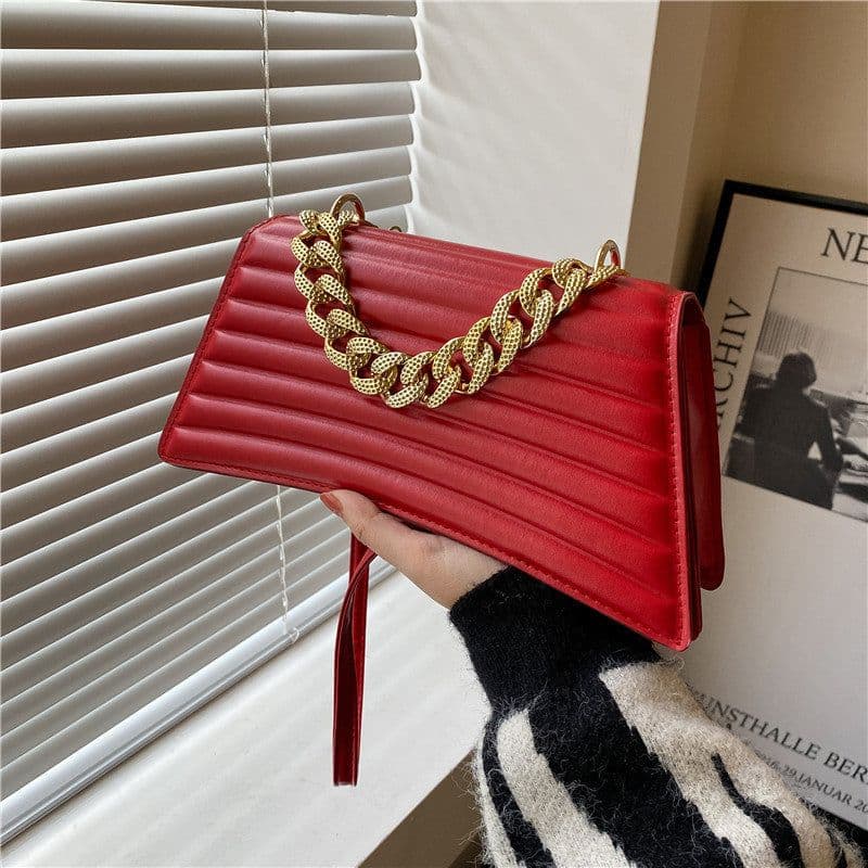 image-Indentation Plaid Chain Portable Shoulder Bag Red Bridal Bag Women