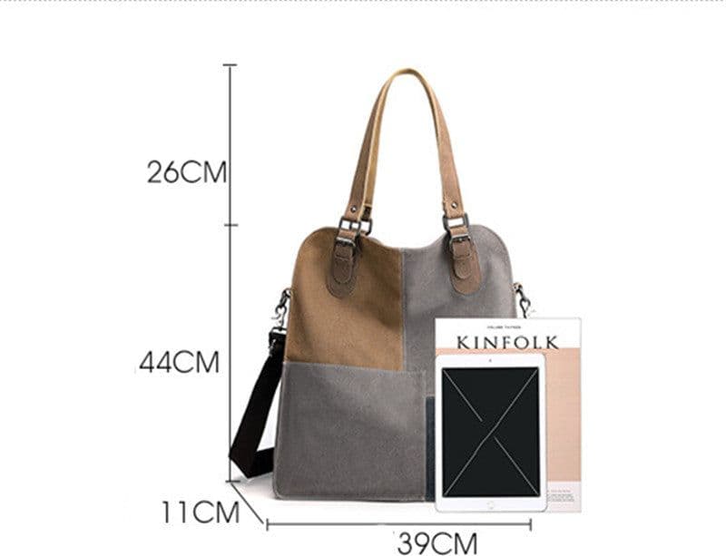 image-Women's Fashion Retro Patchwork Large Capacity Canvas Bag