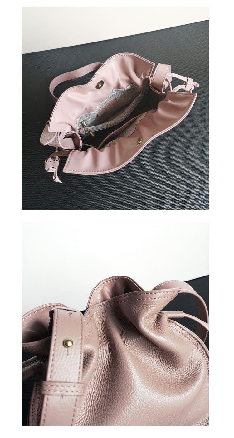 image-One-shoulder Crossbody First Layer Cowhide Pull-belt Bucket Bag