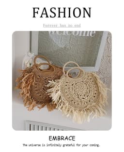 image-Hollow Straw Tassel Handbag