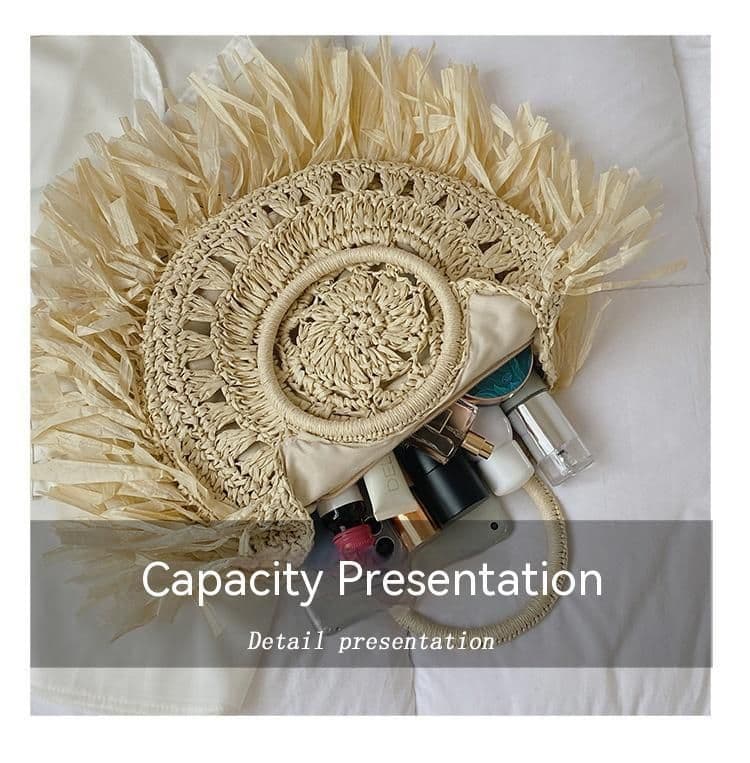 image-Hollow Straw Tassel Handbag