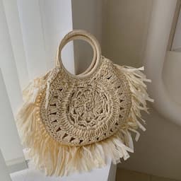 image-Hollow Straw Tassel Handbag