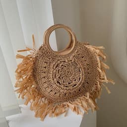 image-Hollow Straw Tassel Handbag