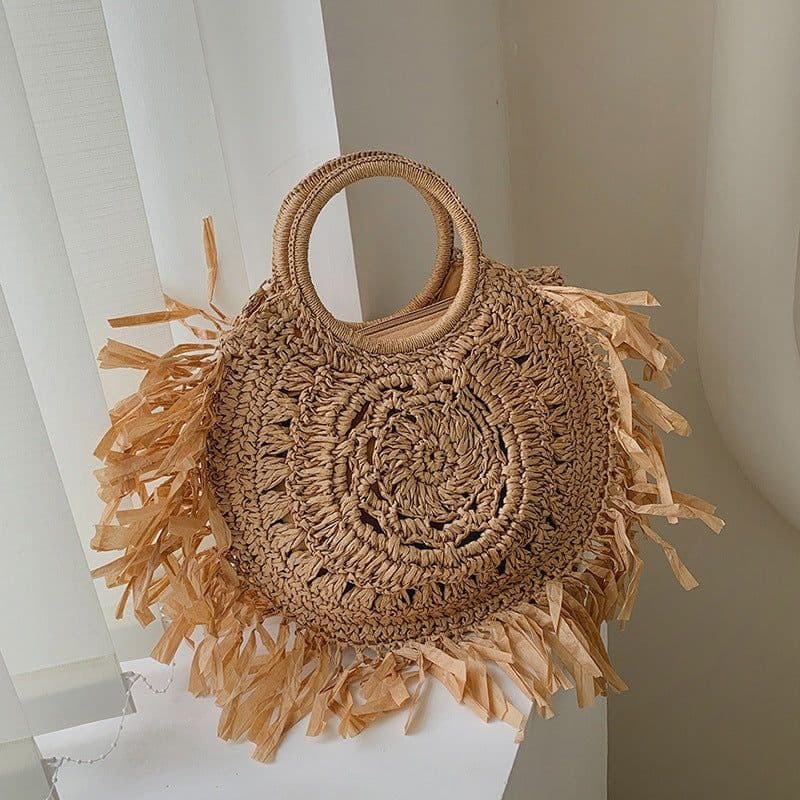image-Hollow Straw Tassel Handbag