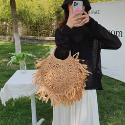 image-Hollow Straw Tassel Handbag