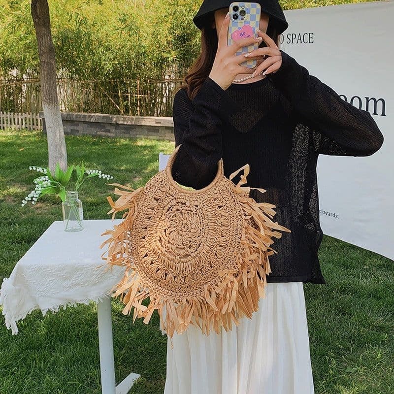 image-Hollow Straw Tassel Handbag