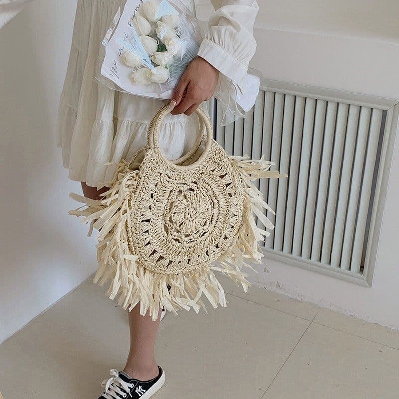 image-Hollow Straw Tassel Handbag