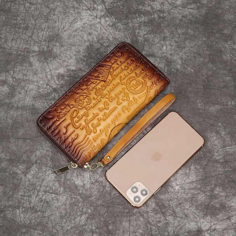 image-First Layer Cowhide Embossed Vintage Clutch Women's Wallet