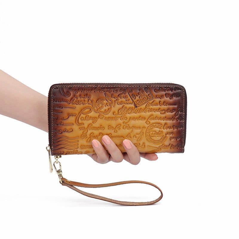 image-First Layer Cowhide Embossed Vintage Clutch Women's Wallet