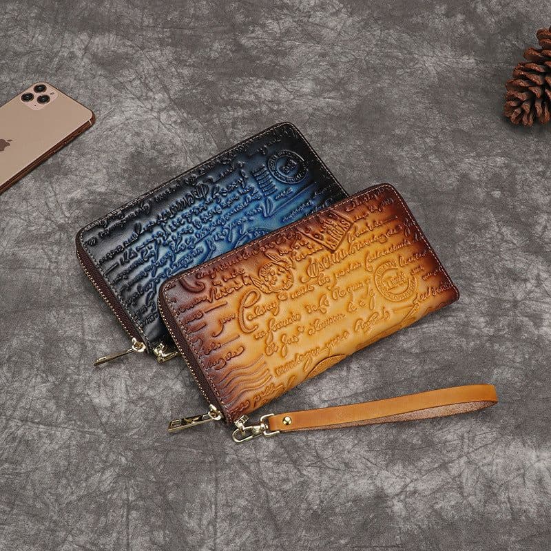 image-First Layer Cowhide Embossed Vintage Clutch Women's Wallet