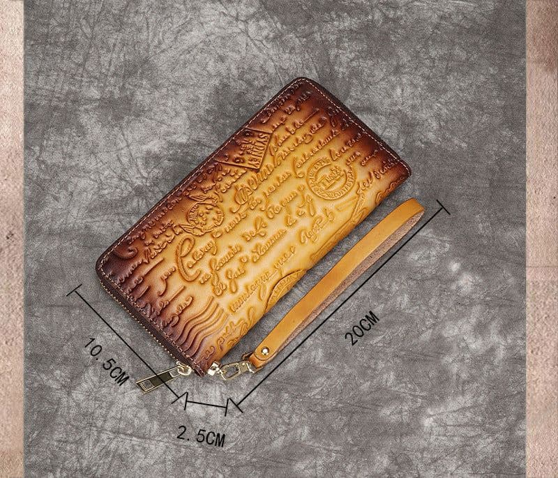 image-First Layer Cowhide Embossed Vintage Clutch Women's Wallet
