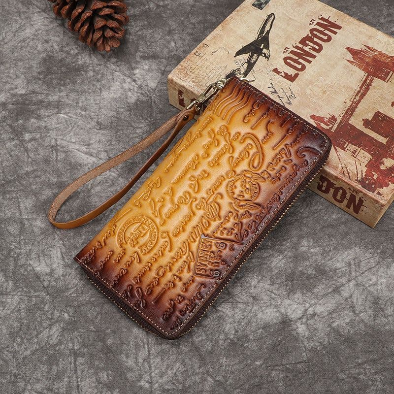 image-First Layer Cowhide Embossed Vintage Clutch Women's Wallet