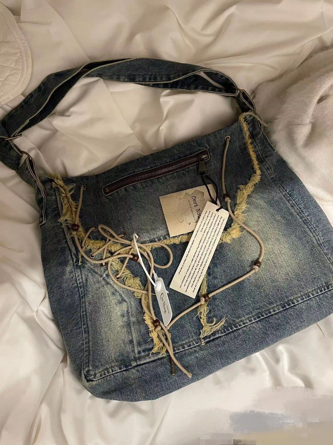 image-Vintage Denim Washed Brushed Tassel Messenger Bag