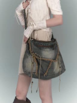 image-Vintage Denim Washed Brushed Tassel Messenger Bag