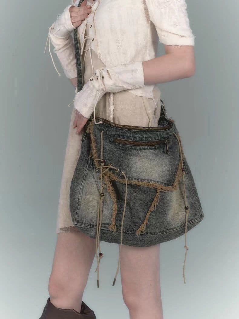 image-Vintage Denim Washed Brushed Tassel Messenger Bag