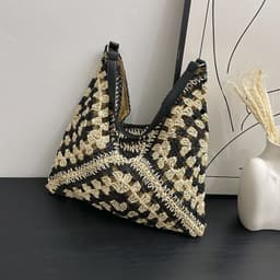 image-Women's Fashion Handmade Straw Woven Hollow Contrast Color Weave Shoulder Bag
