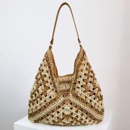 image-Women's Fashion Handmade Straw Woven Hollow Contrast Color Weave Shoulder Bag