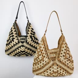 image-Women's Fashion Handmade Straw Woven Hollow Contrast Color Weave Shoulder Bag