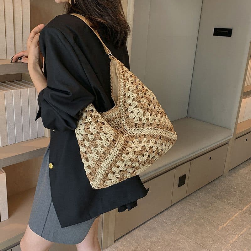 image-Women's Fashion Handmade Straw Woven Hollow Contrast Color Weave Shoulder Bag