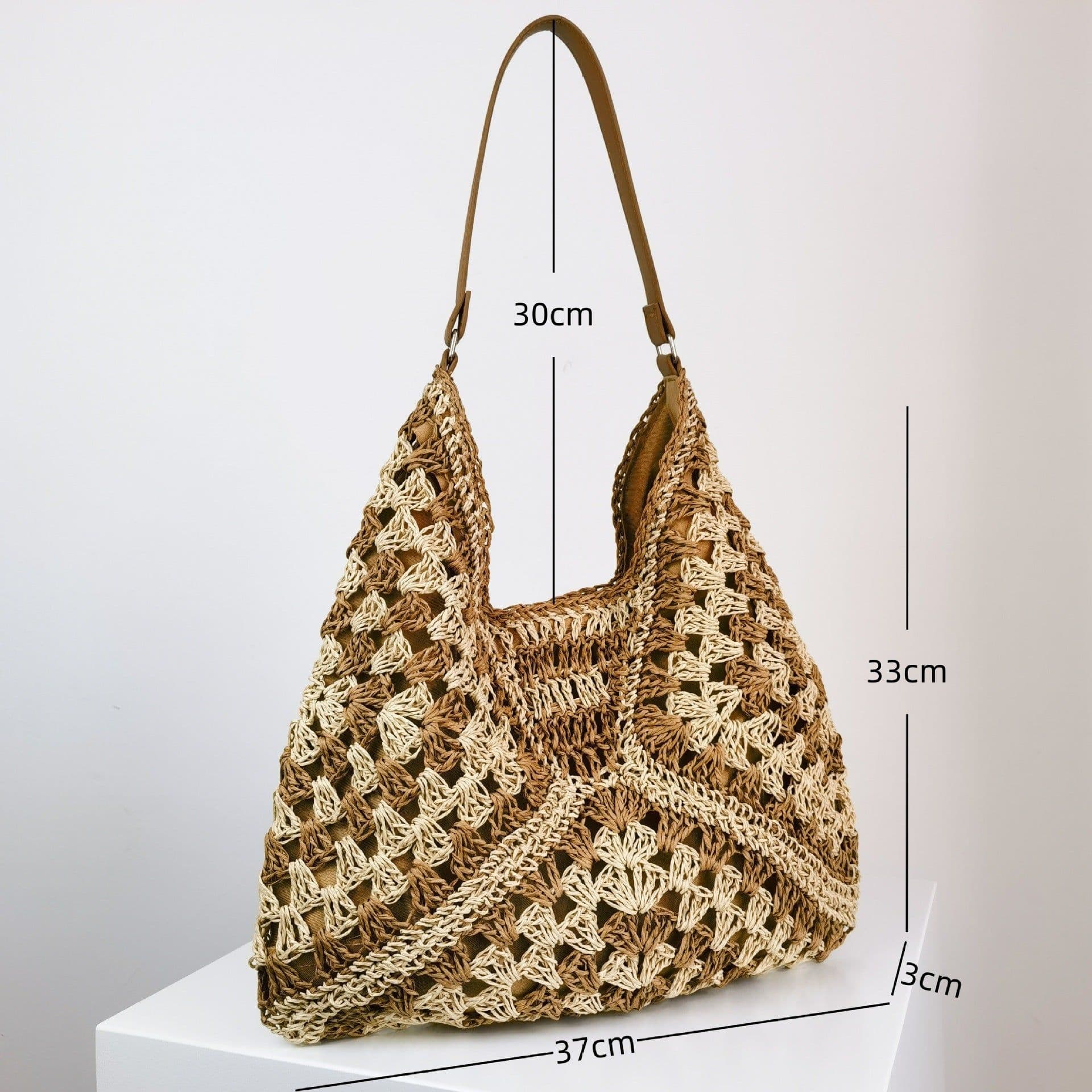 image-Women's Fashion Handmade Straw Woven Hollow Contrast Color Weave Shoulder Bag