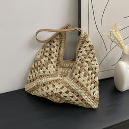 image-Women's Fashion Handmade Straw Woven Hollow Contrast Color Weave Shoulder Bag