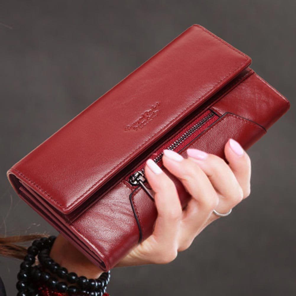 image-Long Cowhide Multiple Card Slots Coin Pocket RFID Anti-magnetic Women's Handbag
