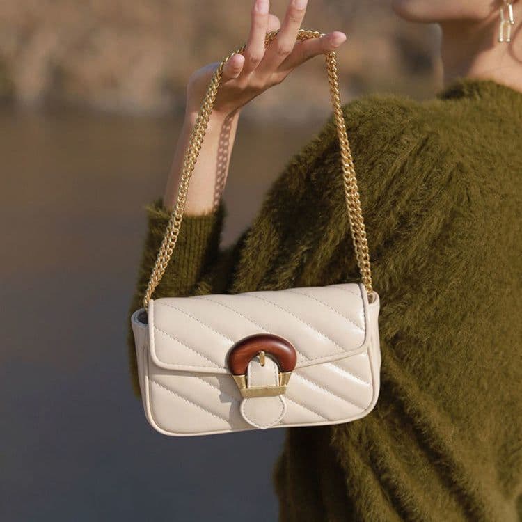 image-Embroidered Thread Chain Design Messenger Bag For Women Big Metal Buckle Shoulder Bag
