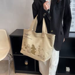 image-Cute Cartoon Cat Printed Canvas Bag Large Capacity Fashion Shopping Shoulder Bag Student Campus Handbag