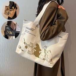 image-Cute Cartoon Cat Printed Canvas Bag Large Capacity Fashion Shopping Shoulder Bag Student Campus Handbag