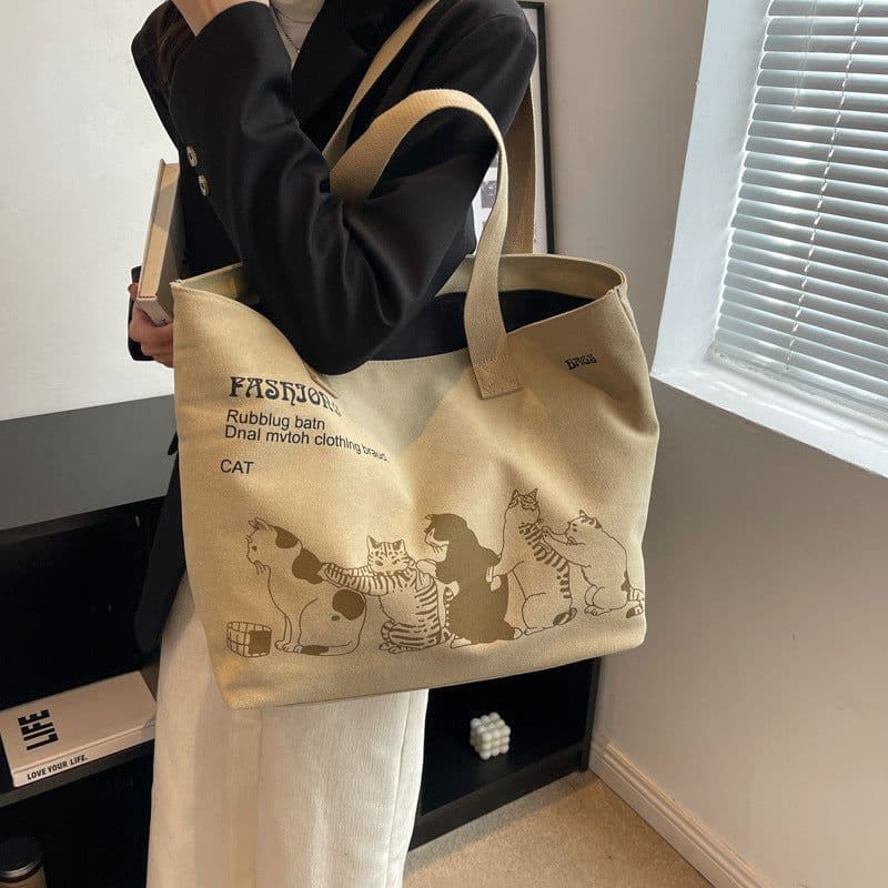 image-Cute Cartoon Cat Printed Canvas Bag Large Capacity Fashion Shopping Shoulder Bag Student Campus Handbag