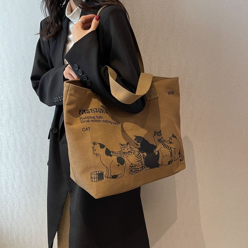 image-Cute Cartoon Cat Printed Canvas Bag Large Capacity Fashion Shopping Shoulder Bag Student Campus Handbag