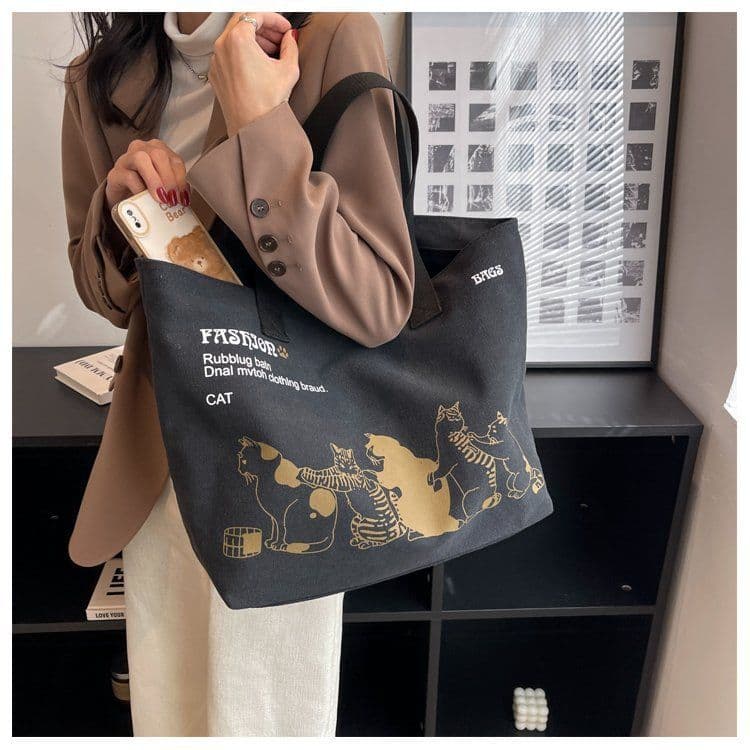 image-Cute Cartoon Cat Printed Canvas Bag Large Capacity Fashion Shopping Shoulder Bag Student Campus Handbag