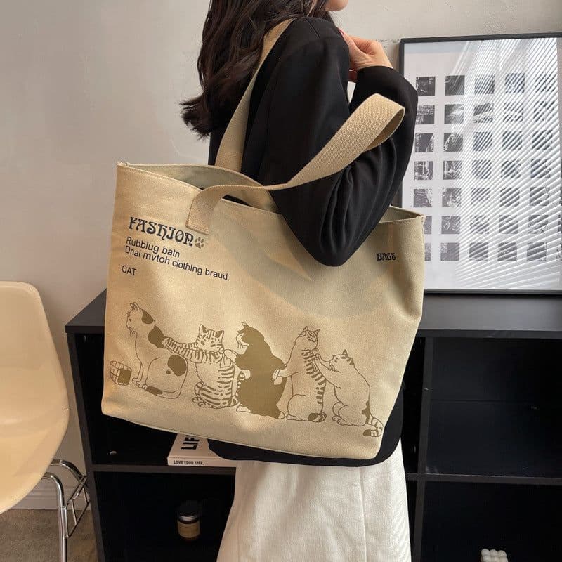 image-Cute Cartoon Cat Printed Canvas Bag Large Capacity Fashion Shopping Shoulder Bag Student Campus Handbag