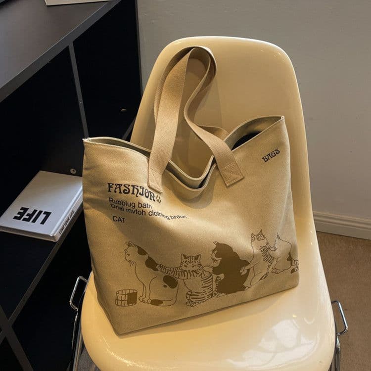 image-Cute Cartoon Cat Printed Canvas Bag Large Capacity Fashion Shopping Shoulder Bag Student Campus Handbag