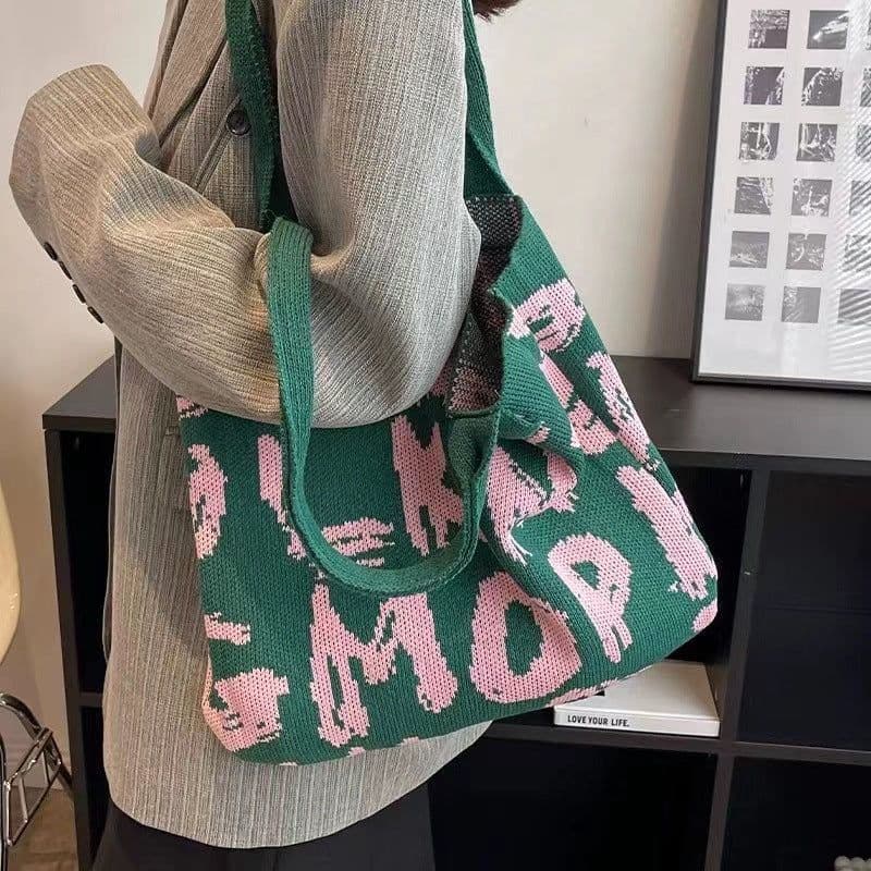 image-Letter Printed Knit Bag Fashion Shopping Shoulder Bag Large Capacity Handbag