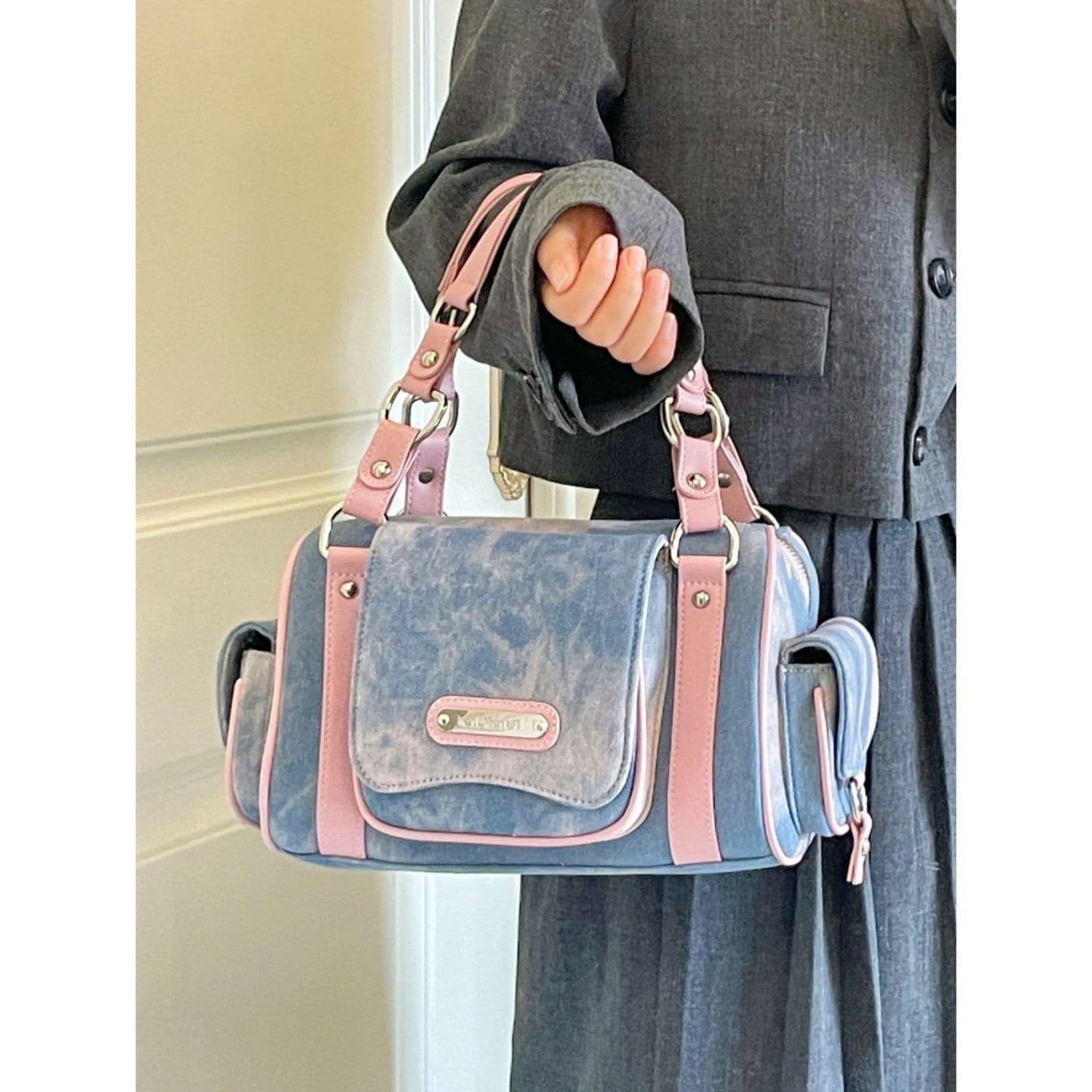 image-Hot Girl American Tie-dyed Multi-pocket Large Capacity Denim Handbag