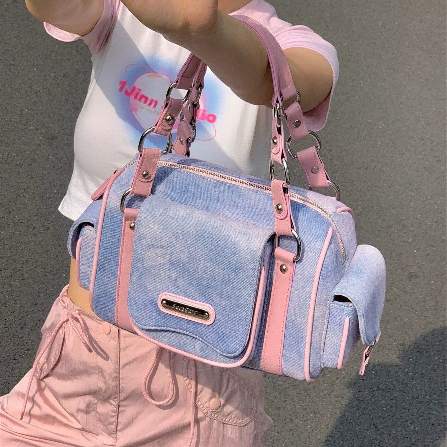 image-Hot Girl American Tie-dyed Multi-pocket Large Capacity Denim Handbag