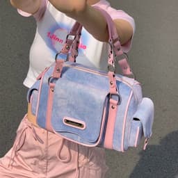 image-Hot Girl American Tie-dyed Multi-pocket Large Capacity Denim Handbag