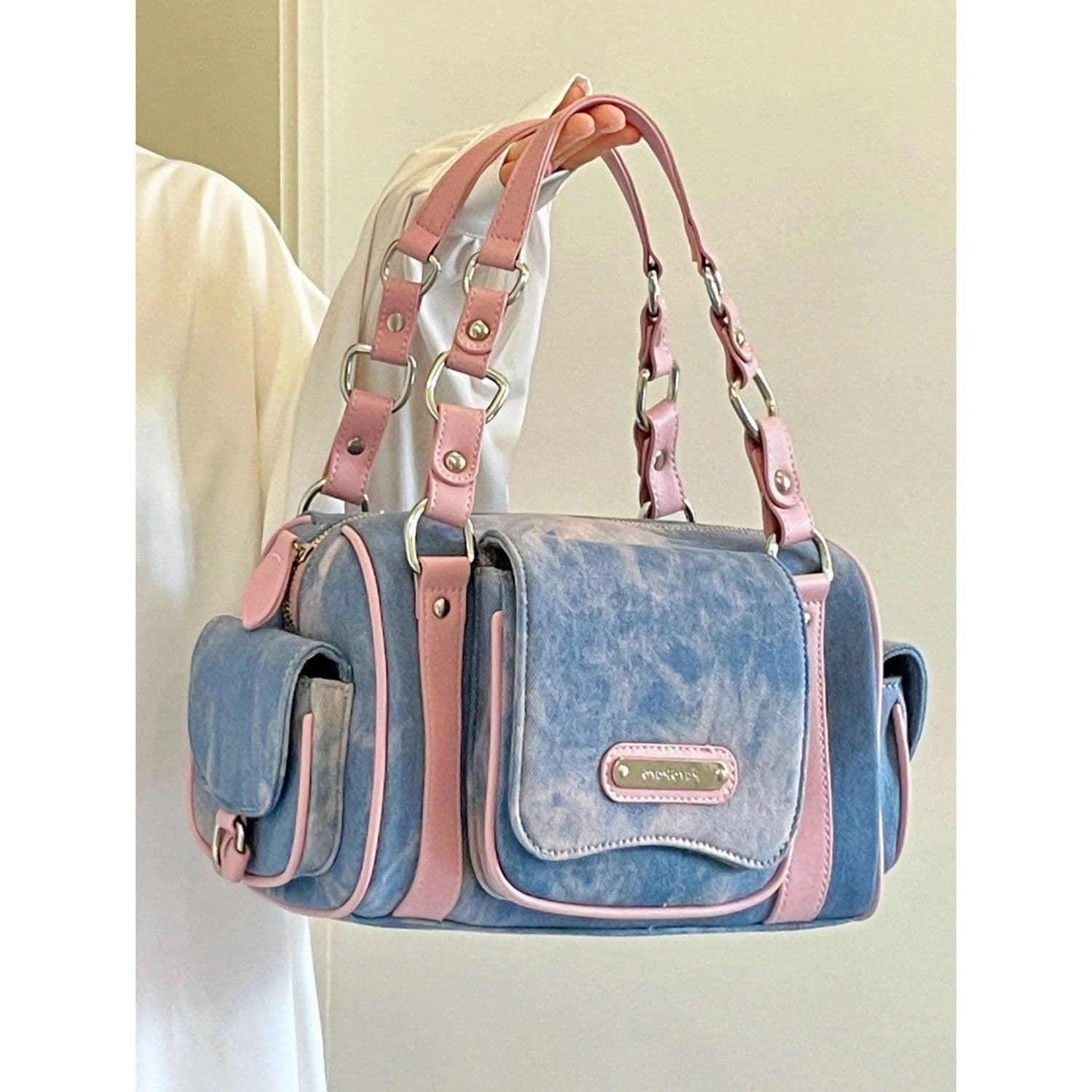image-Hot Girl American Tie-dyed Multi-pocket Large Capacity Denim Handbag