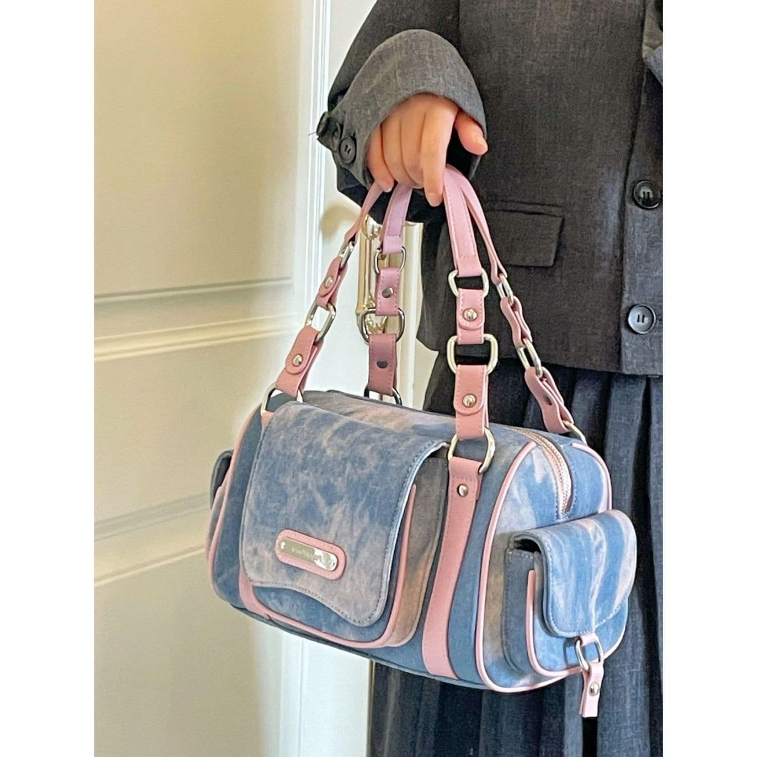 image-Hot Girl American Tie-dyed Multi-pocket Large Capacity Denim Handbag