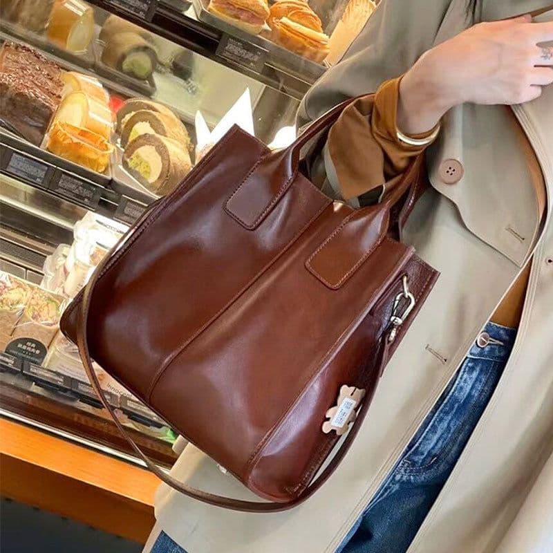 image-Women's Genuine Leather Crossbody Tote Handbag
