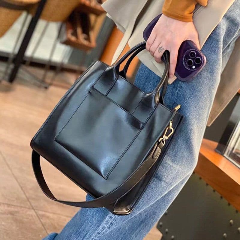 image-Women's Genuine Leather Crossbody Tote Handbag